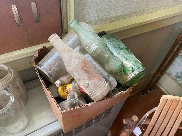 Canning jar lot, some blue, and soda bottles