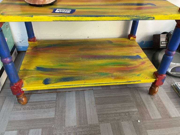3-tier polychrome painted stand 24 in x 24 in x 15 in - no contents
