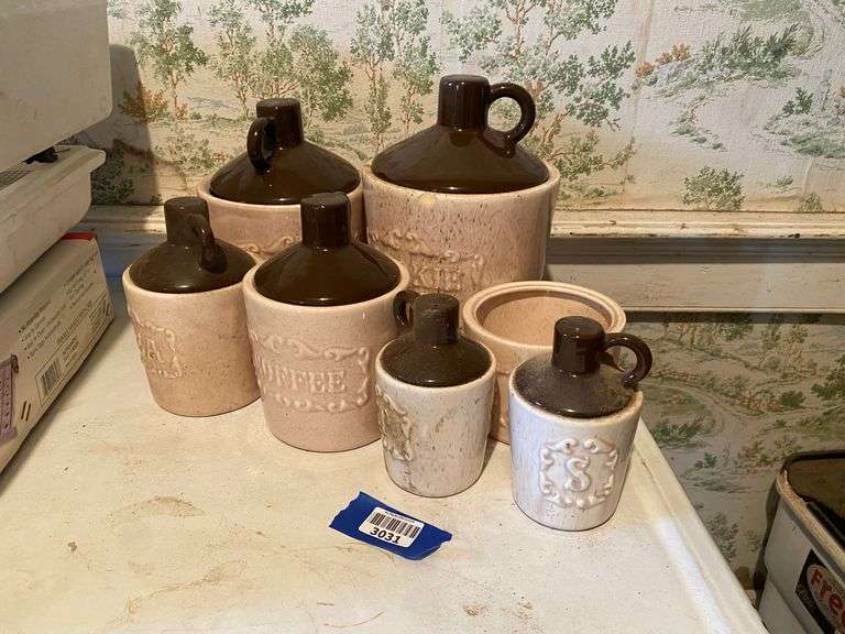 Vintage figural jug cookie jar, canister set, and salt/pepper shakers