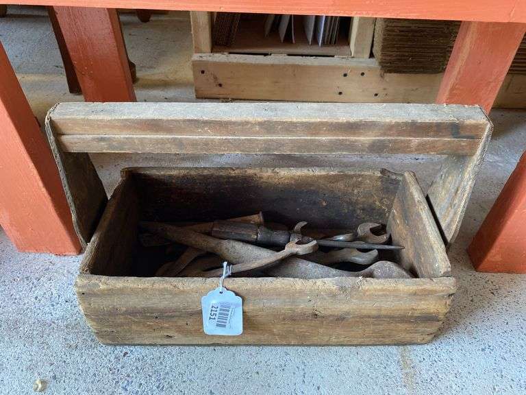 Antique wooden tool caddy w/ tools