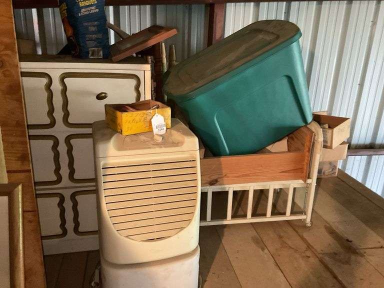 Dehumidifier, white chest of drawers, plastic tote, various chairs, misc, *** PLEASE NOTE: This item has no stair access and must be picked up on July 15th between 11:00-1:30PM. Item will be removed from loft for pickup.