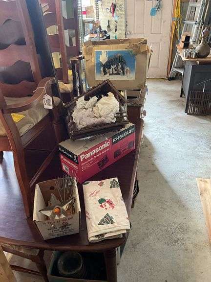 Vintage electric Christmas star, Nativity set w/ stable and box, wire glove stretchers, vinyl tablecloth