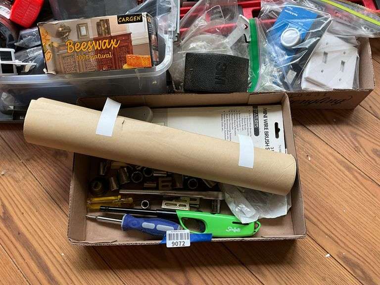 Floor lot and contents of windowsill: level, hand tools, painting supplies, laser level, misc