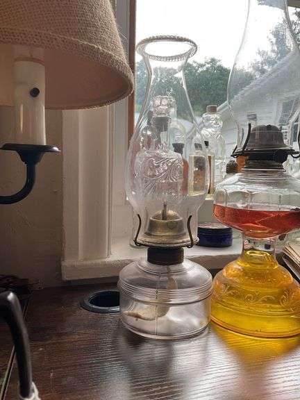 Three glass oil lamps w/ burners and chimneys