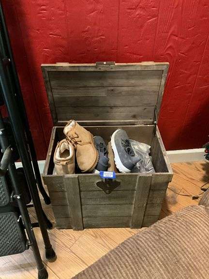 Wooden storage chest and shoes mainly size 8, 21x13x18