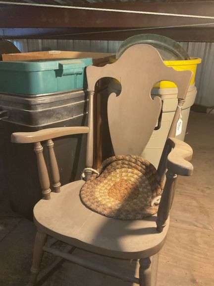 Painted rocker, plastic totes and garbage cans, ironing board, misc, *** PLEASE NOTE: This item has no stair access and must be picked up on July 15th between 11:00-1:30PM. Item will be removed from loft for pickup.