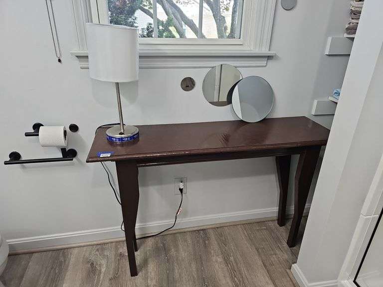 Sofa table painted brown w/ contents: table lamp, three round mirrors 30 IN X 47 IN X 14 IN