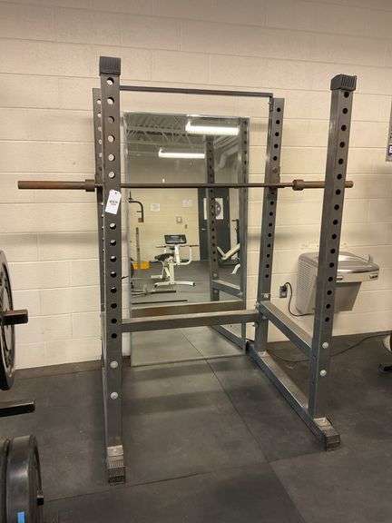 Gray weight rack and bar 76” high x 4’ wide
