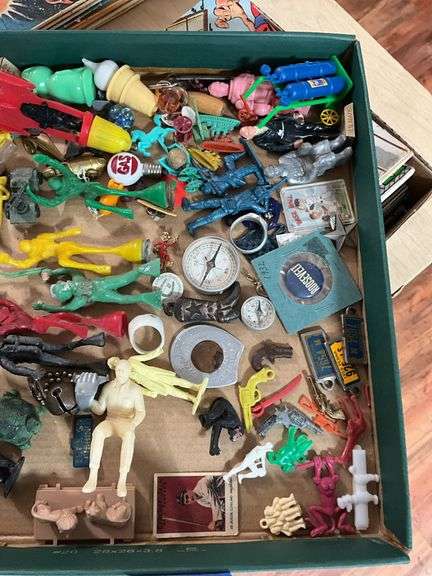 Collectibles lot: toy figures, trinkets, lucky penny, cracker jack, cereals premiums