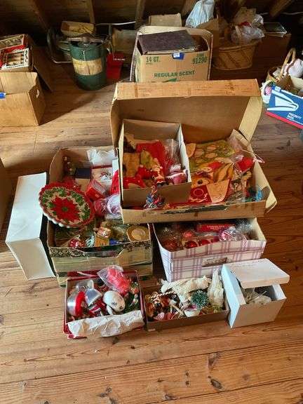 Large lot of vintage Christmas including: hard plastic Santa and snowmen, ornaments, misc