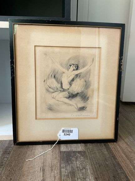 Etching of Art Deco dancer, framed 14 X 15