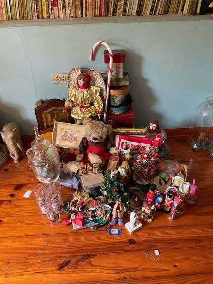 Christmas decor, angel doll, decorated tumblers, ribbon, decor items, misc