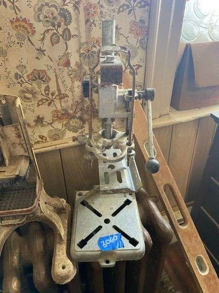 Pipe vise, drill press stand, lead melting pots, french fry cutter, misc
