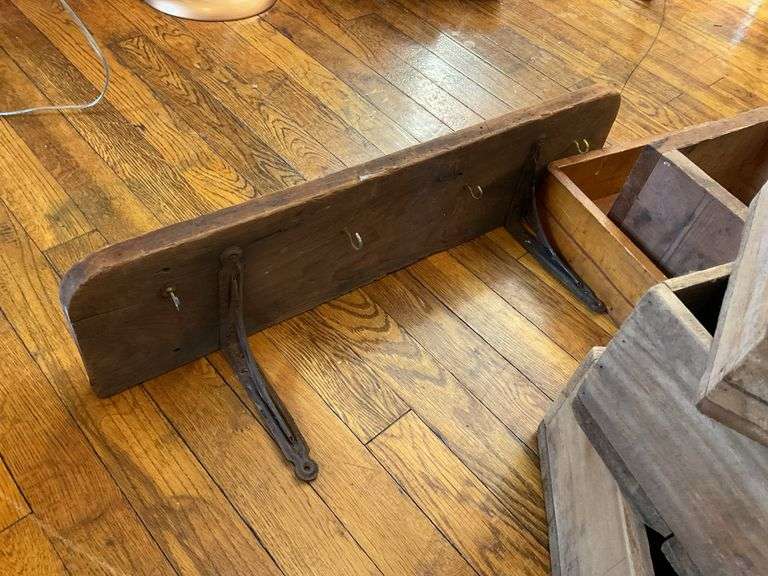 Wood and iron bracket shelf, and various wooden boxes