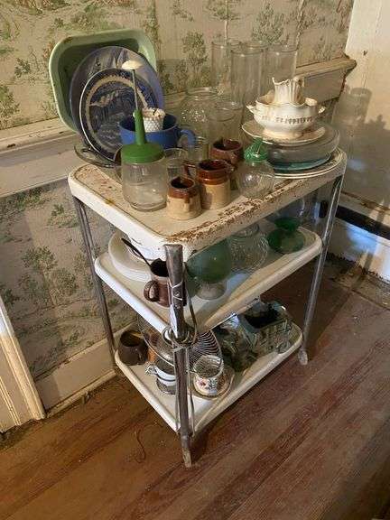 Vintage 3-tier utility cart and contents: vintage dishes and glassware, planters