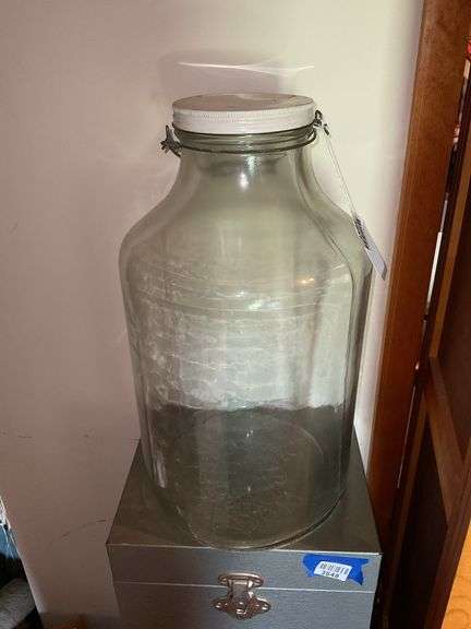 Large glass jar w/ tin lid and bail handle