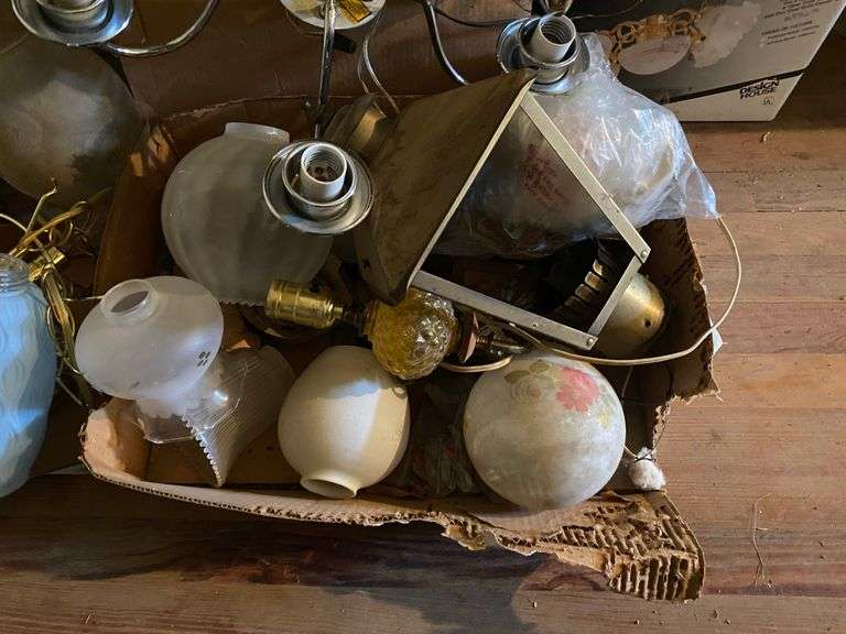 Chandelier and ceiling light fixtures, vintage glass lamp shades, post lantern