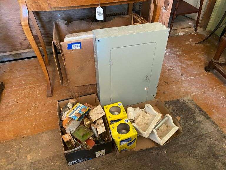 Electric panel box, vintage porcelain bathroom accessories, light bulbs, misc