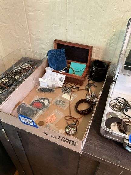 Wooden jewelry box, Timex watch, Tiffany & Co pouch, necklaces, pendants