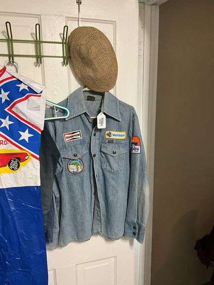 Denim shirt w/ patches, and straw cap