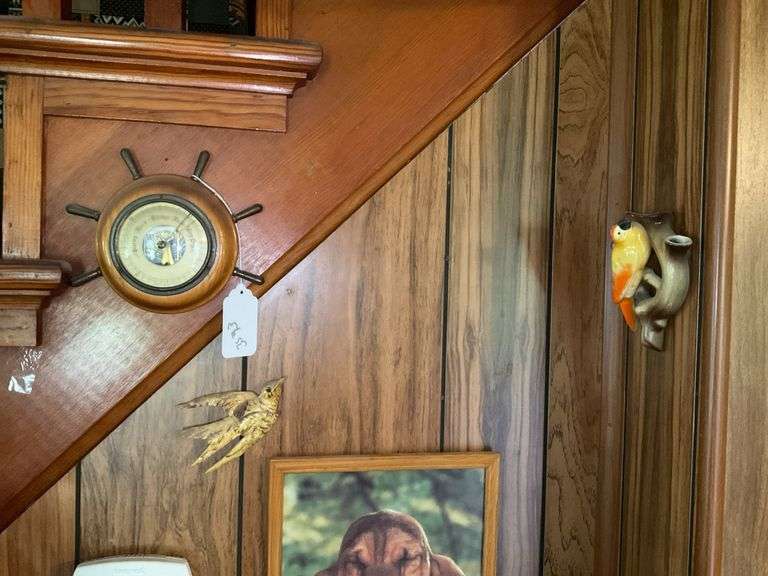 Wall hangings: ship's wheel barometer, bird wall vase, bird plaque