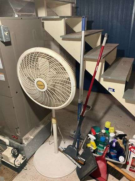 Lasso pedestal fan, cleaning supplies, mop, hand broom, dust pans