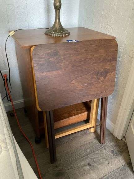 Rolling shelf unit, and two folding snack tray tables 28 IN X 23 1/2 IN X 15 1/2 IN