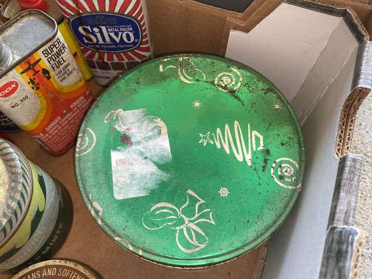 Safety gas can and vintage advertising tins, misc