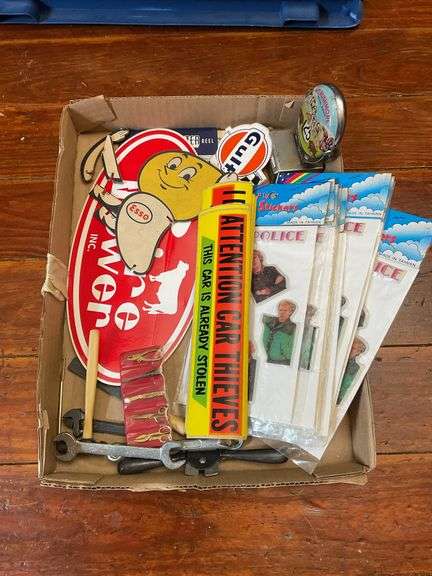 Gas station advertising, bumper stickers, souvenir desk calendar, Sting and The Police stickers in packages