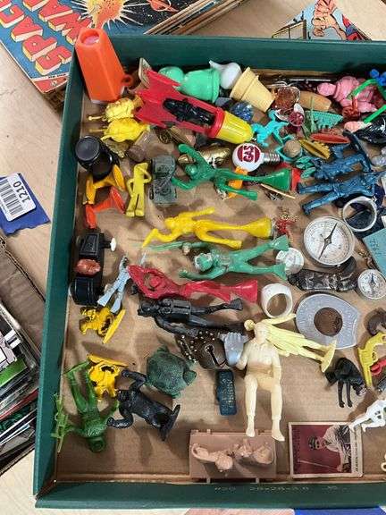 Collectibles lot: toy figures, trinkets, lucky penny, cracker jack, cereals premiums