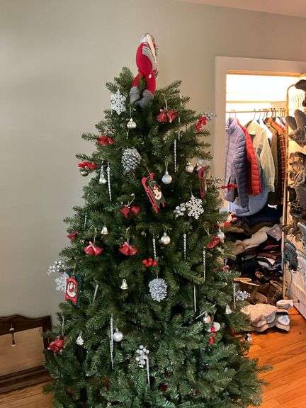 Faux Christmas tree w/ ornaments and tree skirt