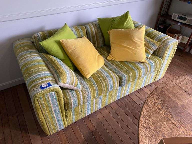 Striped sofa w/ matching and coordinating throw pillows 63x35x24