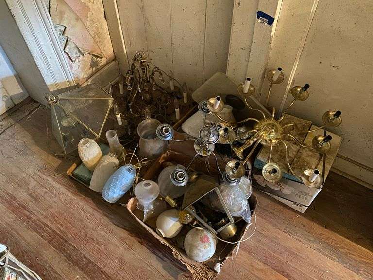 Chandelier and ceiling light fixtures, vintage glass lamp shades, post lantern