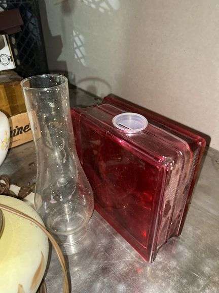 Two lamp bases, two glass chimneys, glass block