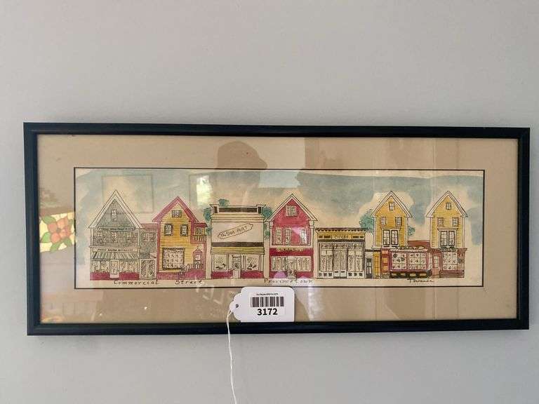 Commerical Street, Provincetown MA illustration, signed Towanda, framed 21.25x8.75
