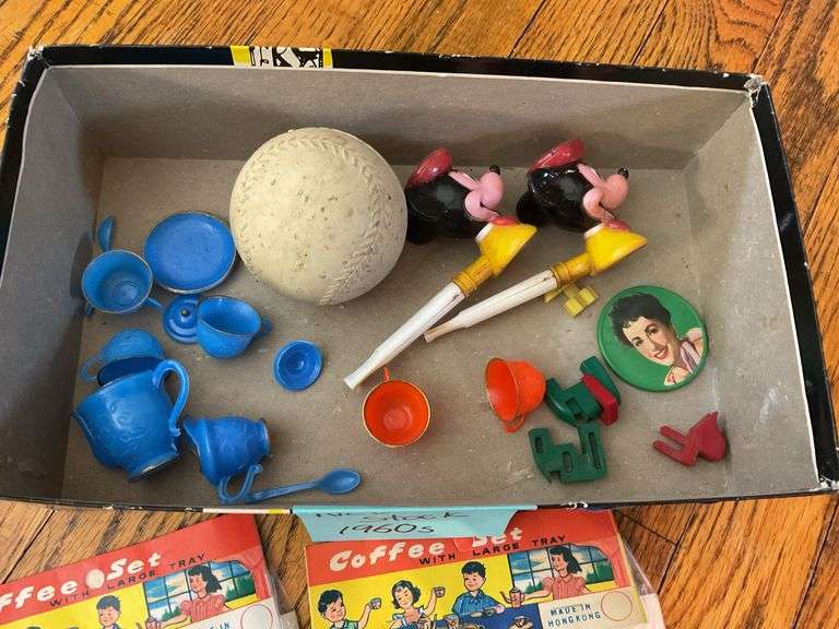 Collectibles lot: Mickey Mouse bubble pipes, 1960s new-old-stock toy dishes and incense in packages