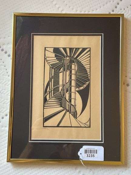 EM Washington woodblock print after Cyril Power, The Tube Staircase, dated 1938, framed 12 1/2 X 16 1/2