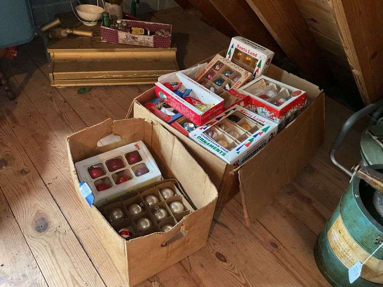 Large lot of vintage glass and hard plastic Christmas ornaments in boxes