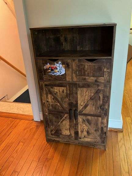 Primitive cupboard w/ open top shelf, drawer, over cupboard base 24x11.5x43
