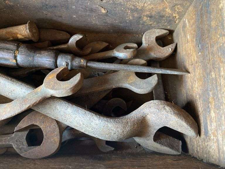 Antique wooden tool caddy w/ tools