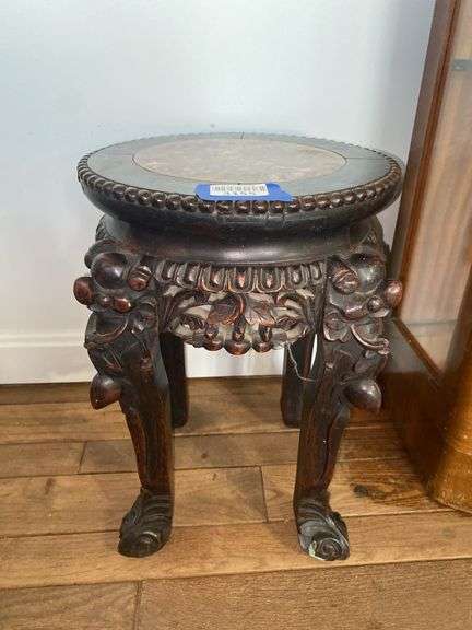 Carved Chinese stand w/ inset stone top 10.5x10.5x15.5