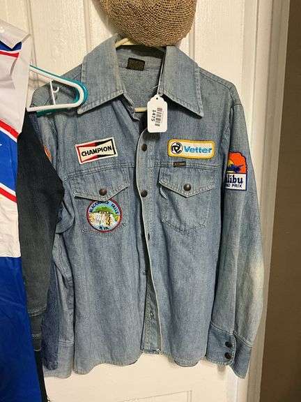 Denim shirt w/ patches, and straw cap