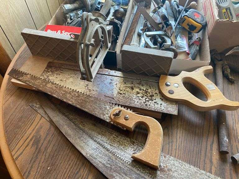 Miter box, hand saws, large lot of hand and power tools, hardware