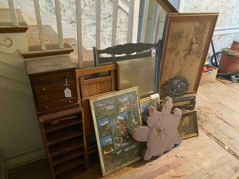 Small oak chest of drawers, wooden file stand, wooden folding chair, live edge clock, framed prints lot
