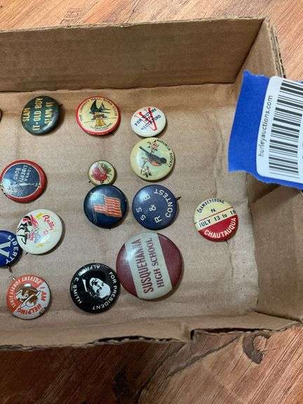 Early pinback buttons including: Presidential, War, Chambersburg Chatauqua