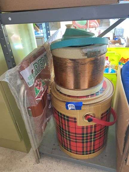 Vintage Scotch cooler, vintage picnic jug, folding camp stool