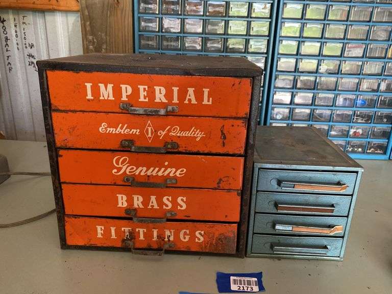 Vintage Imperial Brass Fittings advertising store cabinet w/ contents, and other cabinet w/ contents