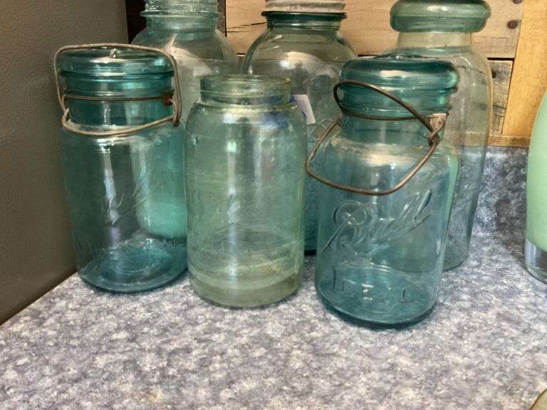 Blue glass canning jars, some w/ glass clamp tops