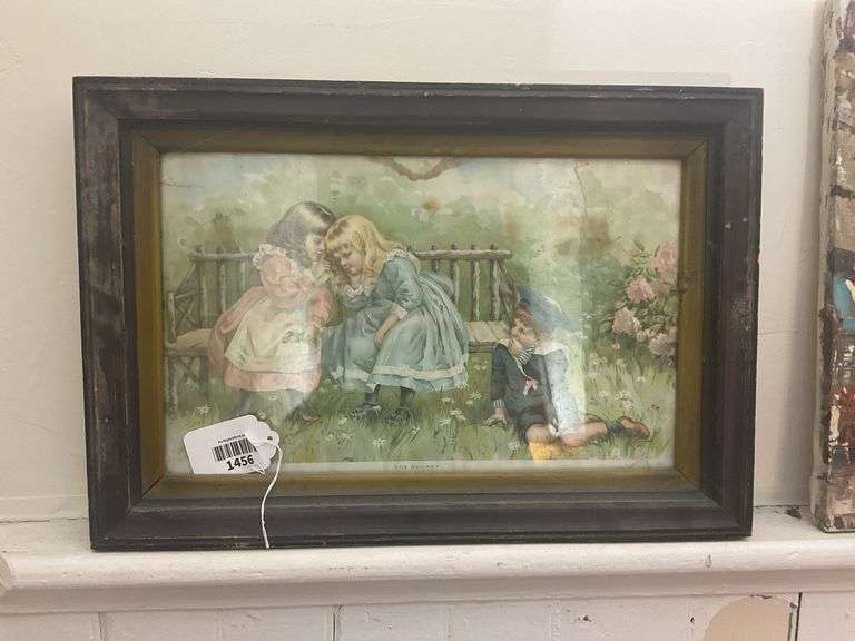 Print of Victorian Children "The Secret", framed - note water stains