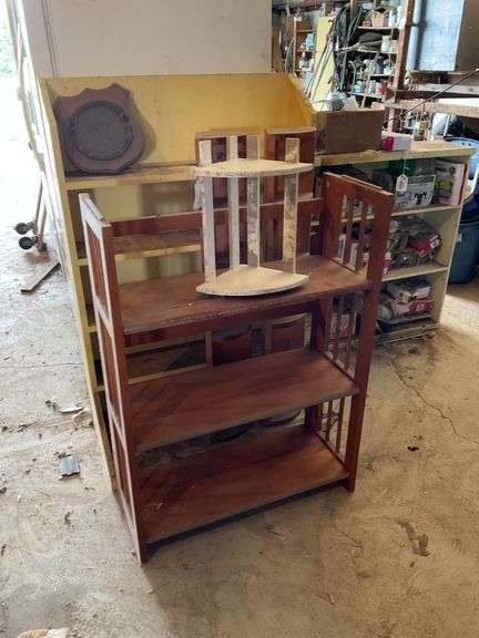 Yellow bookcase, folding shelf unit, three corner what-nots, Naval plaque